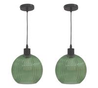 firstchoicelighting Set of 2 Green Ribbed Glass Globe Ceiling Light Pendants with Black, Height Adjustable 23-130cm, Kitchen Island Dining Lighting