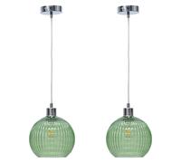 First Choice Lighting Set of 2 Betchley - Green Ribbed Glass Globe with Chrome Pendant Fittings First Choice Lighting Green