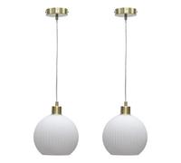 First Choice Lighting Set Of 2 Betchley - White Ribbed Glass Globe With Satin Brass Pendant Fittings