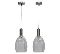 First Choice Lighting Set of 2 Birch - Clear Fluted Glass Satin Nickel Deco Pendant Fittings First Choice Lighting Clear