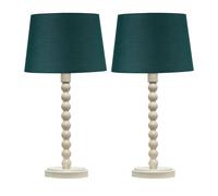 First Choice Lighting Set of 2 Bobbin - Ivory Lamps with Dark Green Cotton Shades in White First Choice Lighting White