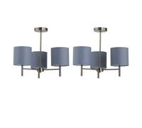 First Choice Lighting Set Of 2 Brea - Antique Brass 3 Light Fittings With Grey Cotton Shades
