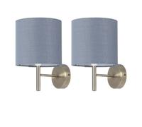 First Choice Lighting Set Of 2 Brea - Antique Brass Wall Lights With Grey Cotton Shades