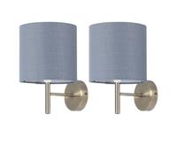 firstchoicelighting Set of 2 Brea Antique Brass Wall Lights with Grey Cotton Shade, Modern Wall Sconce, LED Compatible, Mains Hard Wired