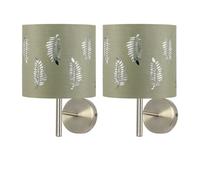 First Choice Lighting Set Of 2 Brea - Antique Brass Wall Lights With Sage Green Fern Shades