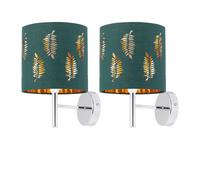 First Choice Lighting Set of 2 Brea - Chrome Wall Lights with Dark Green Fern Shades in Silver First Choice Lighting Silver