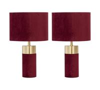 firstchoicelighting Set of 2 Burgundy with Brass Detail Table Lamps or Bedside Lights, Modern Velvet Design Lamps, Height 40cm, LED Compatible