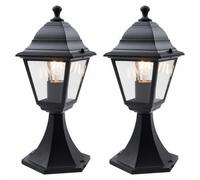firstchoicelighting Set of 2 Modern Black with Clear Glass Lantern Design Outdoor Post Lights, Garden Pedestal Light, IP44 Rated, Compatible with LED Bulbs