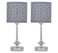 firstchoicelighting Set of 2 Chrome Table Lamps or Bedside Lights, Modern Acrylic Crystal Design, Grey Cut Out Shades, Height 35cm, LED Compatible