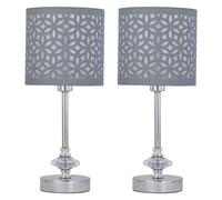 firstchoicelighting Set of 2 Chrome Table Lamps or Bedside Lights, Modern Acrylic Crystal Design, Grey Cut Out Shades, Height 35cm, LED Compatible