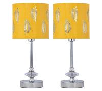 First Choice Lighting Set of 2 Chrome Jewelled Table Lamps with Ochre Mustard Fern Shades in Silver First Choice Lighting Silver