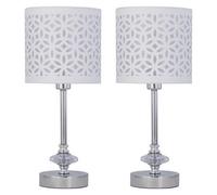 firstchoicelighting Set of 2 Chrome Table Lamps or Bedside Lights, Modern Acrylic Crystal Design, White Cut Out Shades, Height 35cm, LED Compatible