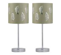 firstchoicelighting Set of 2 Polished Chrome Table Lamps or Bedside Lights, Modern Bedroom Design, Sage Green Fern Shade, Height 37cm, LED Compatible
