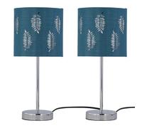 firstchoicelighting Set of 2 Polished Chrome Table Lamps or Bedside Lights, Modern Design, Teal Leaf Cut Out Shades, Height 35cm, LED Compatible