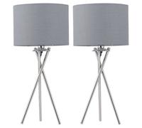 firstchoicelighting Set of 2 Polished Chrome Tripod Table Lamps or Bedside Lights, Modern Design, Grey Cotton Fabric Shade, Height 52cm, LED Compatible