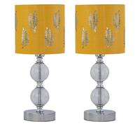 First Choice Lighting Set Of 2 Chrome Two Ball Table Lamps With Ochre Mustard Fern Shades