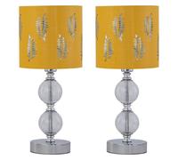First Choice Lighting Set of 2 Chrome Two Ball Table Lamps with Ochre Mustard Fern Shades in Silver First Choice Lighting Silver