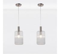 firstchoicelighting Set of 2 Chrome & Clear Ribbed Glass Pendant Light Fittings, Kitchen Island Dining Ceiling Light, Height Adjustable 40cm - 100cm, LED Compatible