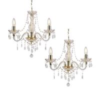 firstchoicelighting Set of 2 Modern Classic Clear Gold Marie Therese 3 Light Ceiling Pendant Chandelier