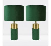 firstchoicelighting Pair of Green Velour with Antique Brass Detail Table Lamps or Bedside Lights Modern Velvet Design Lamps Height 40cm LED Compatible