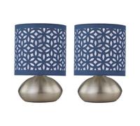 firstchoicelighting Set of 2 Brushed Chrome Touch Operated Table Lamps or Bedside Lights, Modern Design, Height 22cm, Navy Blue Cut Out Shade, LED Compatible