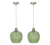First Choice Lighting Set Of 2 Leah - Green Ripple Glass Globe With Satin Brass Pendant Fittings