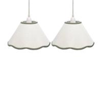 First Choice Lighting Set of 2 Libby - Natural Linen Sage Green Trim 27cm Pendant Lamp Shade in White First Choice Lighting White