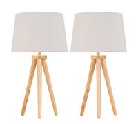 First Choice Lighting Set of 2 Light Oak Table Lamp Bedside Lights with Natural Linen Shades in Brown First Choice Lighting Brown