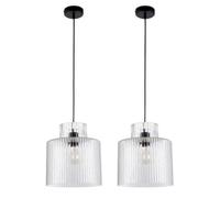 First Choice Lighting Set Of 2 Portland - Matt Black Clear Ribbed Glass Ceiling Pendants