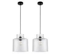 First Choice Lighting Set Of 2 Portland - Matt Black Clear Ribbed Glass Ceiling Pendants