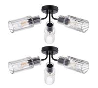First Choice Lighting Set Of 2 Portland - Black Clear Glass 3 Light Flush Ceiling Fittings