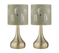 firstchoicelighting Set of 2 Antique Brass Touch Operated Table Lamps or Bedside Lights, Modern Design, Height 33cm, Sage Green Fern Shade, LED Compatible