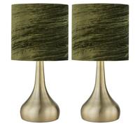 firstchoicelighting Set of 2 Antique Brass Touch Operated Table Lamps or Bedside Lights, Modern Design, Height 36cm, Green Crushed Velvet Shade, LED Compatible