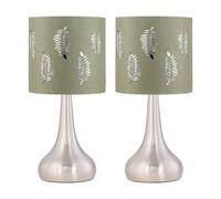 First Choice Lighting Set Of 2 Romana - Brushed Chrome Touch Lamps With Sage Green Fern