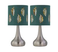 firstchoicelighting Set of 2 Brushed Chrome Touch Operated Table Lamps or Bedside Lights, Modern Design, Height 36cm, Dark Green Fern Shade, LED Compatible