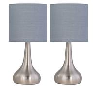 firstchoicelighting Set of 2 Brushed Chrome Touch Operated Table Lamps or Bedside Lights, Modern Design, Height 36cm, Grey Cotton Shade, LED Compatible