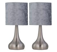 Set of 2 Romana - Brushed Chrome Touch Operated Table Lamps Bedside Lights Grey Crushed Velvet Shade First Choice Lighting Silver One Size