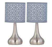 First Choice Lighting Set of 2 Romana - Brushed Chrome Touch Operated Table Lamps Bedside Lights Grey Laser Cut Shade in Silver First Choice Lighting Silver