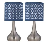 Set of 2 Romana - Brushed Chrome Touch Operated Table Lamps Bedside Lights Navy Blue Laser Cut Shade First Choice Lighting Silver One Size