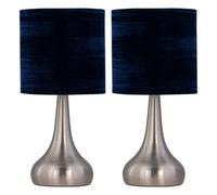 firstchoicelighting Set of 2 Brushed Chrome Touch Operated Table Lamps or Bedside Lights, Modern Design, Height 36cm, Navy Blue Crushed Velvet Shade, LED Compatible