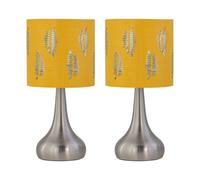 firstchoicelighting Set of 2 Brushed Chrome Touch Operated Table Lamps or Bedside Lights, Modern Design, Height 36cm, Ochre Fern Shade, LED Compatible