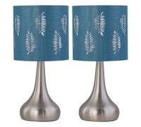 Set of 2 Romana - Brushed Chrome Touch Operated Table Lamps Bedside Lights Teal Fern Shade First Choice Lighting Silver One Size