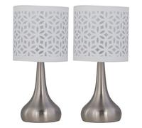 First Choice Lighting Set Of 2 Romana - Brushed Chrome Touch Operated Table Lamps Bedside Lights White Laser Cut Shade