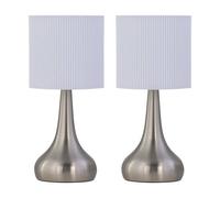 First Choice Lighting Set Of 2 Romana - Brushed Chrome Touch Operated Table Lamps Bedside Lights White Pleated Shade
