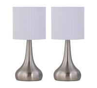 First Choice Lighting Set Of 2 Romana - Brushed Chrome Touch Operated Table Lamps Bedside Lights White Pleated Shade