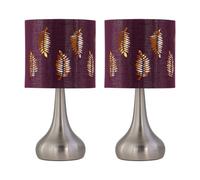 First Choice Lighting Set Of 2 Romana - Brushed Chrome Touch Table Lamps With Burgundy Shade