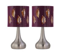 First Choice Lighting Set of 2 Romana - Brushed Chrome Touch Table Lamps with Burgundy Shade in Silver First Choice Lighting Silver