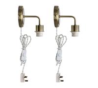 Set of 2 Antique Brass Plug in Wall Lights or Reading Bedside Lamps, Inline On/Off Switch, 3 Pin, Fitting Only