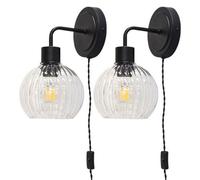 First Choice Lighting Set Of 2 Toby - Black Plug In Wall Lights Clear Ribbed Shades