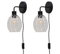 First Choice Lighting Set Of 2 Toby - Black Plug In Wall Lights Fluted Glass Shades